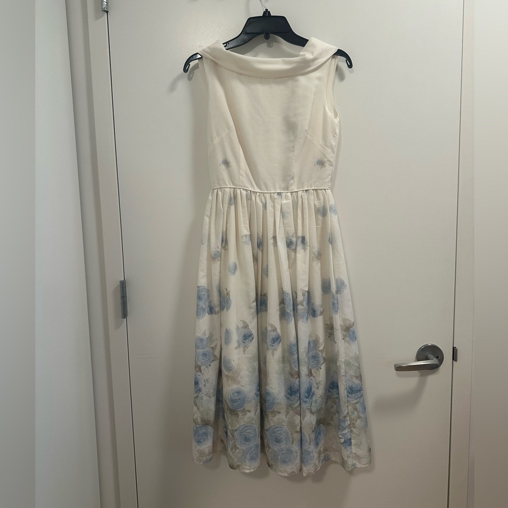Vintage Cream and Blue Floral Midi Dress